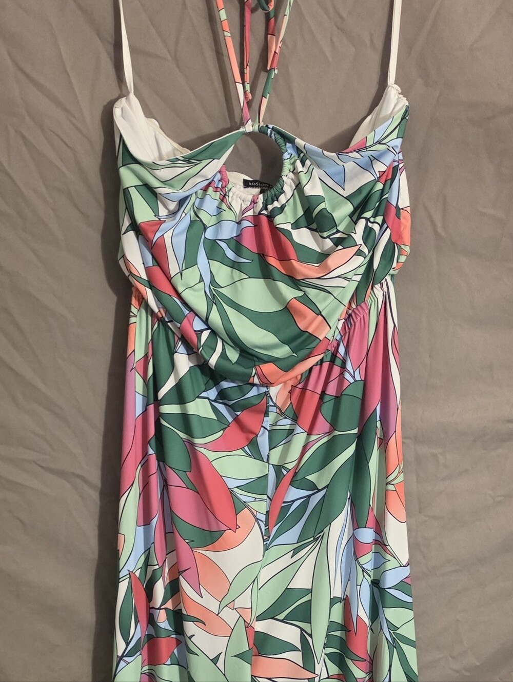 Boston Proper One-Shoulder Leaf-Print Maxi Dress in Green, Pink and Coral